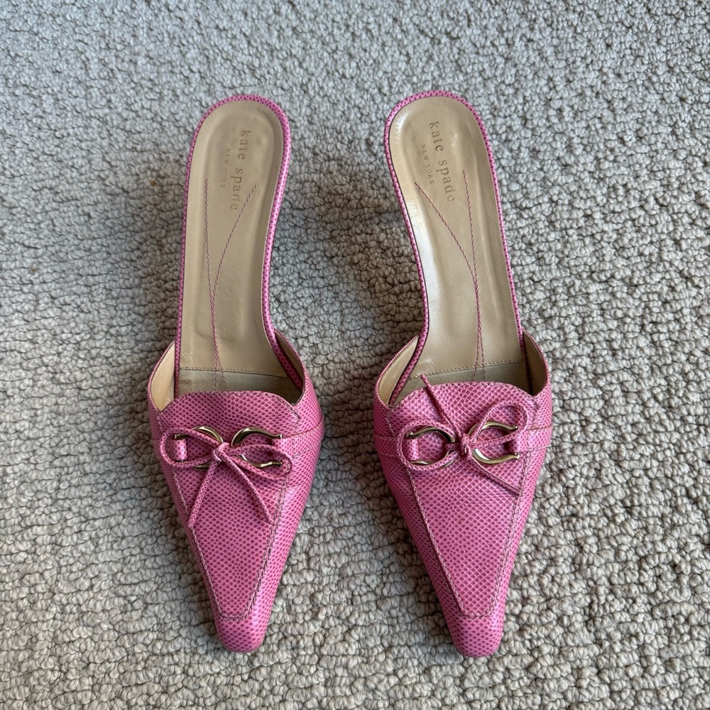 Kate Spade y2k pink snakeskin-embossed leather mule with bow detail